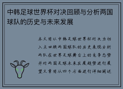 中韩足球世界杯对决回顾与分析两国球队的历史与未来发展